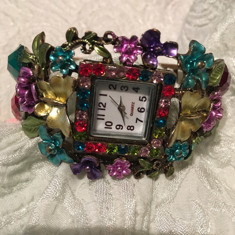 Floral Metal Bracelet Statement Watch